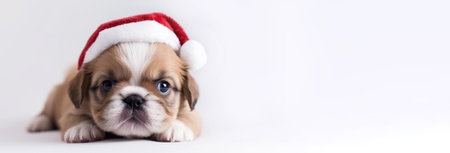 Cute little puppy in santa claus hat, light background copy space. New Year, holiday concept. Template for a postcardの素材
