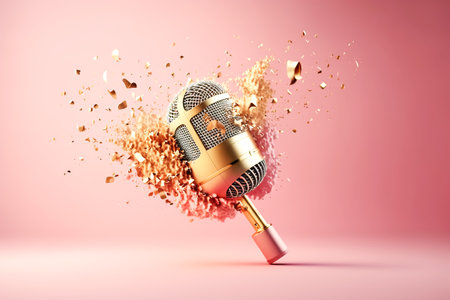 Golden metal microphone shatters explodes into large and small pieces, pink bright background. Grunge, nostalgiaの素材