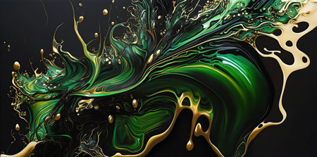 Fluid Art Gold green liquid acrylic, acrylic paint mixing. Splashes of bright paint on canvas. Fashion liquid artの素材