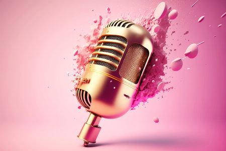 Golden metal microphone shatters explodes into large and small pieces, pink bright background. Grunge, nostalgiaの素材
