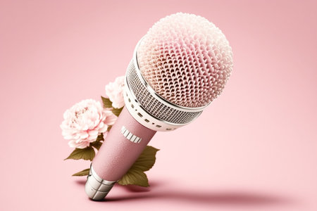 Golden metal microphone decorated with pink flowers, pink bright background, copy space. Grunge, nostalgiaの素材
