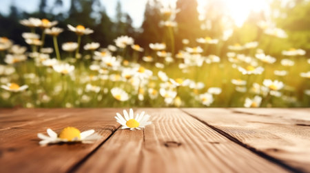 Empty wooden table top against blurred green meadow with daisies. Template showcase scene for promotional products, banner, layoutの素材