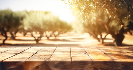 Wooden empty table top, texture board panel against the backdrop of green olive orchard trees, defocused olive treesの素材