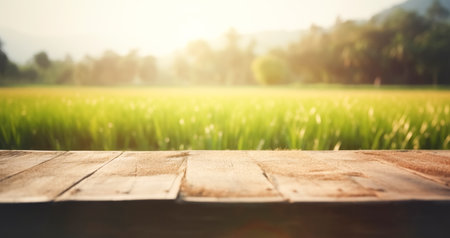 Empty wooden table top in front of abstract blurred rice field, rural plantation of green rice shootsの素材