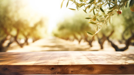 Wooden empty table top, texture board panel against the backdrop of green olive orchard trees, defocused olive treesの素材