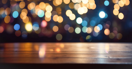 Empty wooden table top in front of abstract blurred background with garlands of lights, for product display in cafeの素材