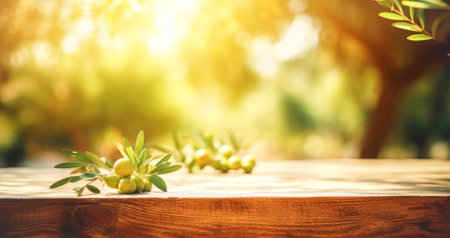 Ripe olives lie on an empty wooden tabletop, texture board panel on the background of green olive trees, defocused olive treesの素材