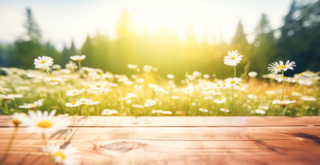 Empty wooden table top against blurred green meadow with daisies. Template showcase scene for promotional products, banner, layoutの素材
