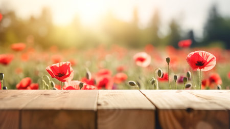 Empty wooden table top against blurred poppy fields. Template showcase scene for promotional products, banner, layoutの素材