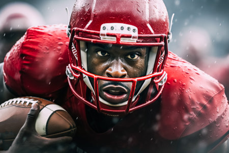 American football player in sports equipment with ball close-up. Traditional favorite sportの素材