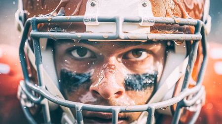 American football, close-up portrait of player in sports equipment. Traditional favorite sportの素材