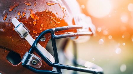 Outfit for an athlete, metal helmet for American football, close-up, copy spaceの素材