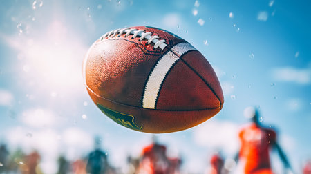 American football, leather traditional American football ball, close-up. Traditional favorite sportの素材