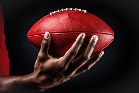 American football, leather traditional ball for playing American football in the hand of an athlete, close-upの素材