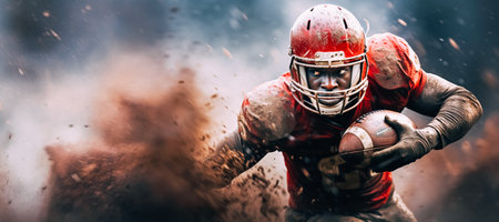 American football player in sports equipment with ball close-up. Traditional favorite sportの素材