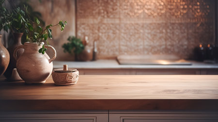 Wooden light empty table top in modern kitchen, Moroccan oriental style, kitchen panel in interiorの素材