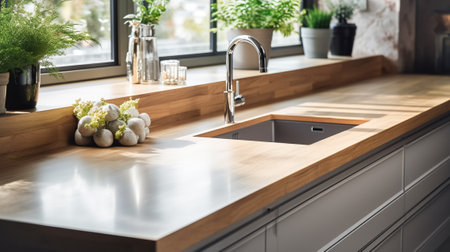 Wooden light empty worktop in a modern kitchen with a faucet sink, with a view from the windowの素材