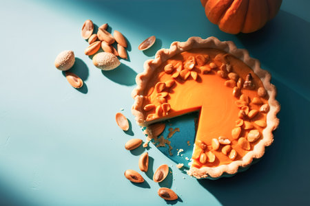Festive homemade appetizing ripe pumpkin pie, pumpkin tart decorated with nuts, minimalistic blue background with hard shadows, top view. Traditional seasonal fall baking, Thanksgivingの素材