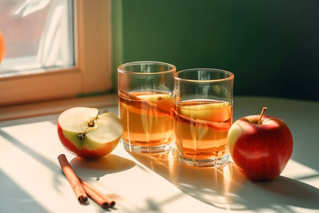 Seasonal drink cider from ripe apples, apple wine in small glasses and bottles on kitchen tableの素材