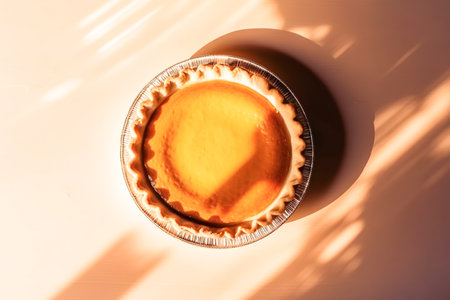 Festive homemade appetizing ripe pumpkin pie, pumpkin tart decorated with nuts, minimalistic light backgroundの素材