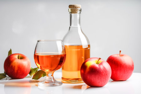 Seasonal drink cider from ripe apples, apple wine in small glasses and bottles on kitchen tableの素材