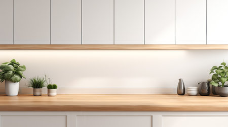 Wooden light empty table top in modern white kitchen, kitchen panel in interior. Scene showcase, bannerの素材