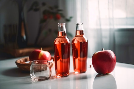 Seasonal drink cider from ripe apples, apple wine in small glasses and bottles on kitchen tableの素材