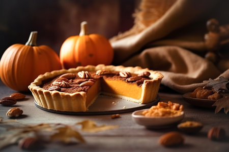 Festive homemade appetizing ripe pumpkin pie, pumpkin tart. Traditional fall baking, Thanksgivingの素材
