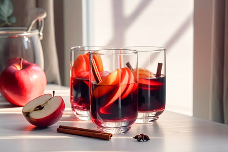 Seasonal drink from ripe apples, autumn and winter sangria from apples and cinnamon, apple wine or ciderの素材