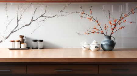 Wooden light empty tabletop in modern kitchen, Asian oriental style, kitchen panel in interiorの素材