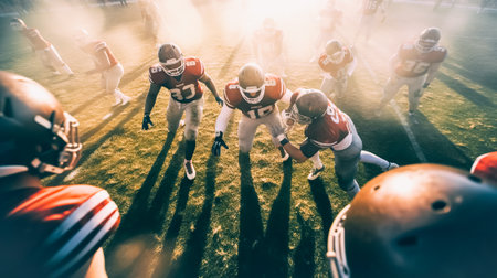 American football, players in sportswear run across sports playing field during the match. Traditional favorite sportの素材