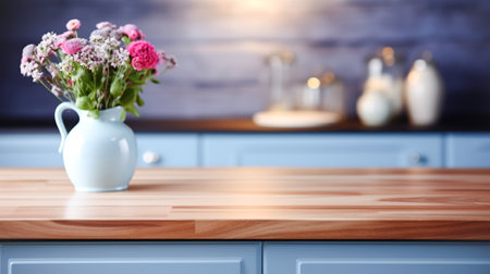 Wooden light empty table top in modern blue kitchen, kitchen panel in interior. Scene showcase, bannerの素材