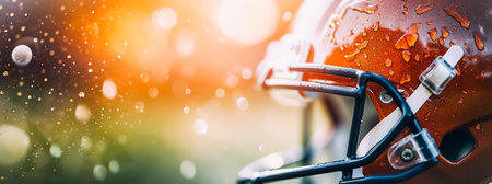 Outfit for an athlete, metal helmet for American football, close-up, copy spaceの素材