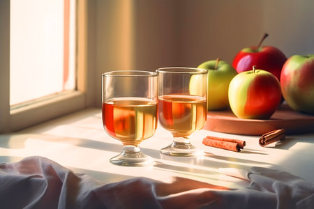 Seasonal drink cider from ripe apples, apple wine in small glasses and bottles on kitchen tableの素材