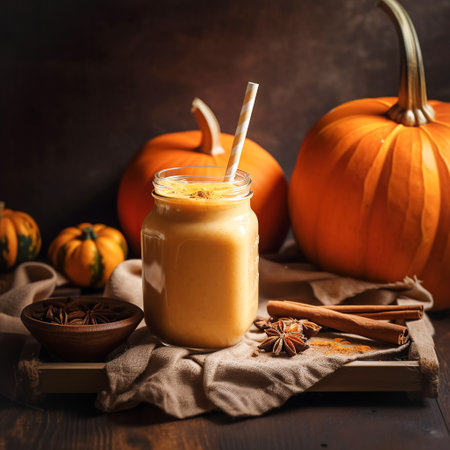 Autumn pumpkin spicy latte with whipped cream and cinnamon, Seasonal warming drink on a dark backgroundの素材