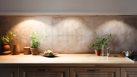 Wooden light empty table top in modern kitchen, Moroccan oriental style, kitchen panel in interiorの素材