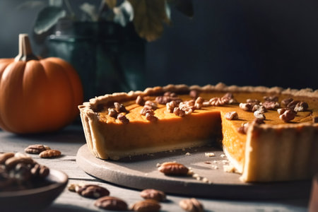 Festive homemade appetizing ripe pumpkin pie, pumpkin tart. Traditional fall baking, Thanksgivingの素材