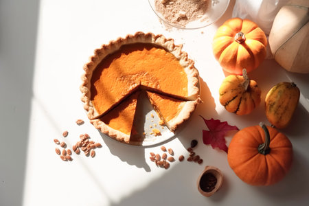 Festive homemade appetizing ripe pumpkin pie, pumpkin tart decorated with nuts, minimalistic light backgroundの素材