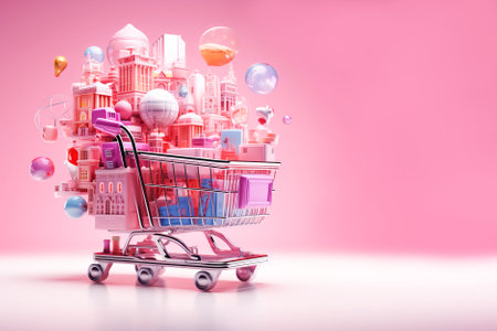 A bunch of different goods in a shopping cart . Concept of online shopping, sales season, Black Friday, Cyber Mondayの素材
