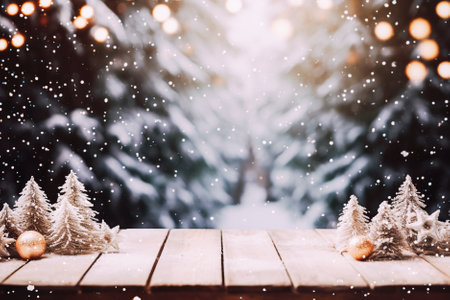 Christmas background, empty wooden tabletop with shiny toys and snow-covered fir trees, sparkling garlands, bokehの素材