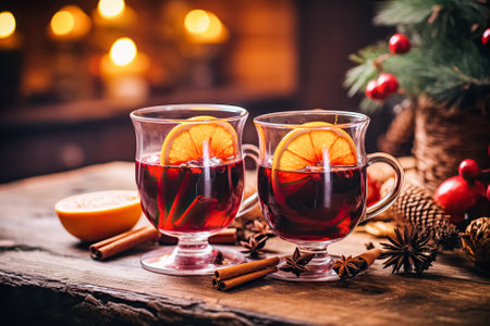 Traditional winter warming Christmas drink mulled wine with orange slices and spices dark background. Festive backgroundの素材