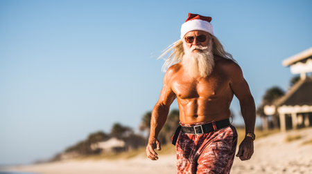 A handsome modern tanned man in Santa Claus costume walks along seashore on beach. Winter holidays New Year, Christmasの素材