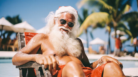 A modern tanned older man in a Santa Claus costume sits relaxing on the beach. Winter holidays, New Year, Christmasの素材