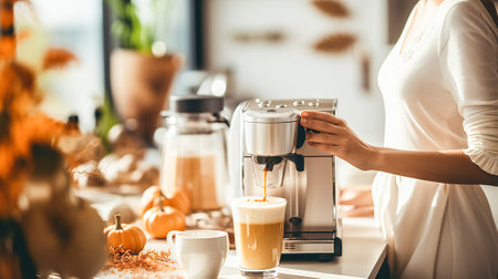 A young woman prepares pumpkin latte with milk on coffee machine in modern kitchen, daylight. Traditional autumn drinkの素材
