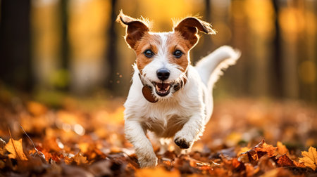 A cheerful Jack Russell puppy runs briskly through the fallen autumn leaves. Walking with a dog in a park or forestの素材