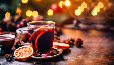Traditional winter warming Christmas drink mulled wine with orange slices and spices dark background. Festive backgroundの素材