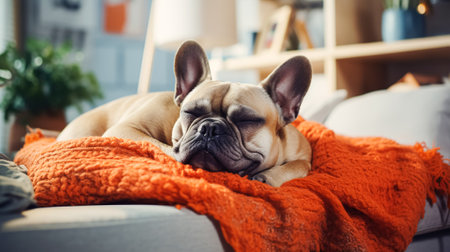 Pets, cute bulldog puppy lies on soft orange blanket on sofa. Love care for animals, regime rest for domestic dogsの素材