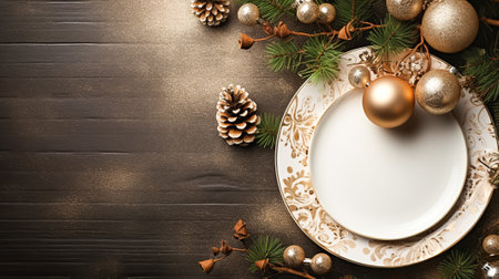 Modern holiday table setting, white empty plates, glass shiny ball decorations, dark tableの素材