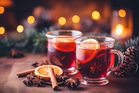 Traditional winter warming Christmas drink mulled wine with orange slices and spices dark background. Festive backgroundの素材