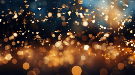 Abstract festive golden glitter background with bokeh confetti, golden sparkling sparkles flying in air, out of focusの素材